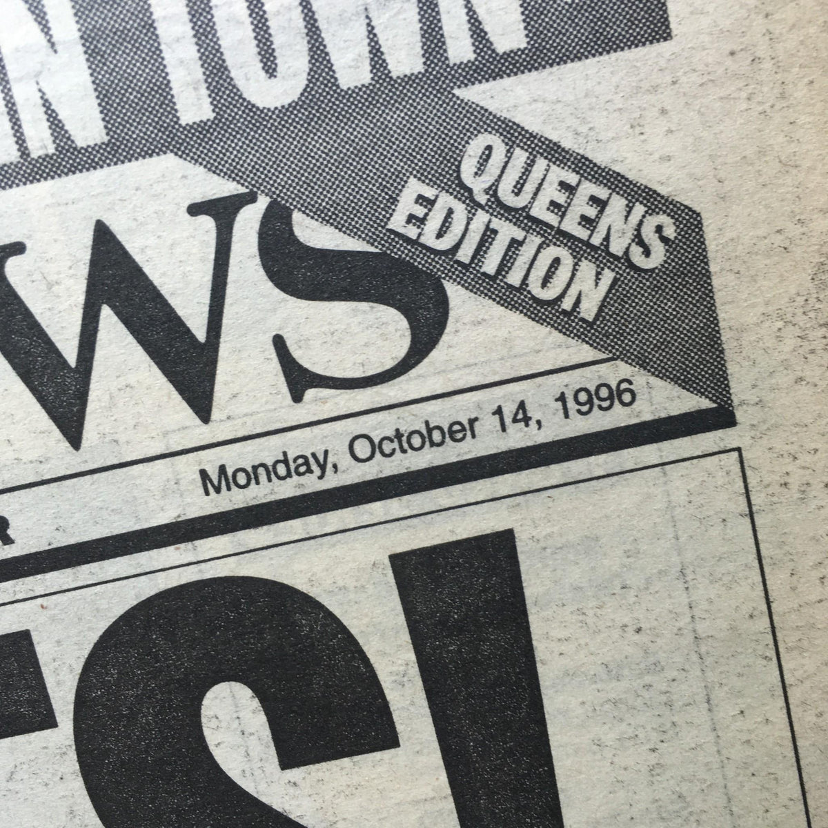 Close-up of the NY Daily News date, Monday, October 14, 1996, showcasing the publication details alongside the header from the front page.