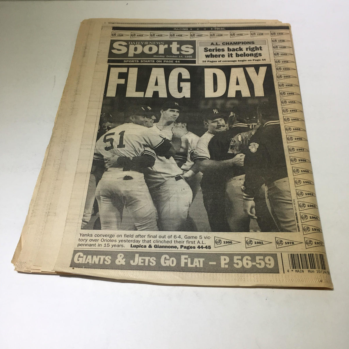 Second-page excerpt of the NY Daily News, dated October 14, 1996, showcasing sports coverage with articles discussing the Yankees and their journey to the World Series.