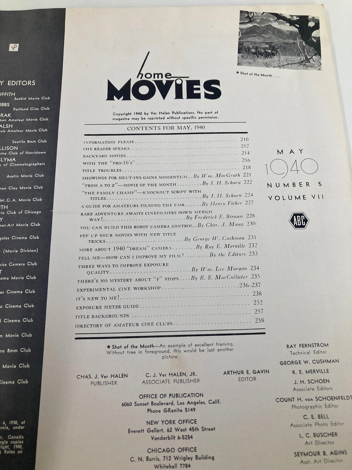 Contents page of VTG Home Movies Magazine May 1940, featuring articles and features related to home cinema.