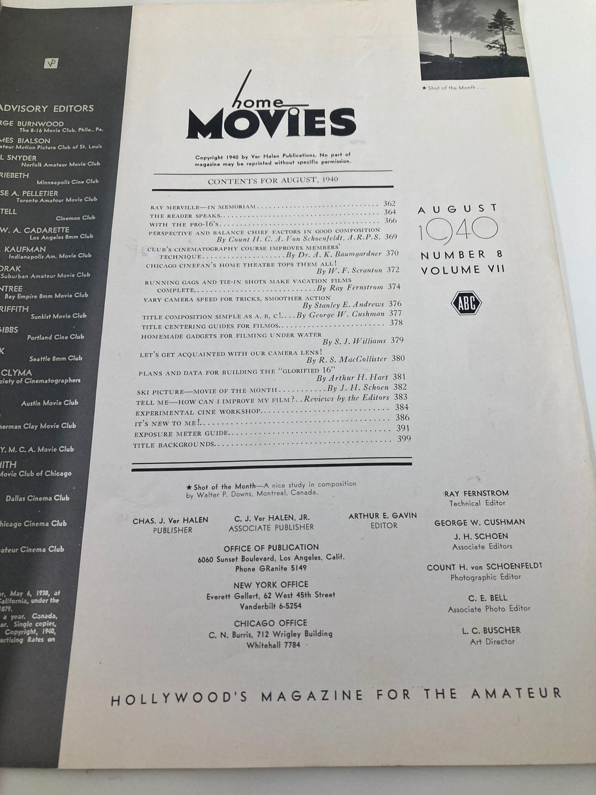 Contents page of VTG Home Movies Magazine August 1940, including editorial details and feature articles related to home cinema and filmmaking, highlighting its vintage importance.