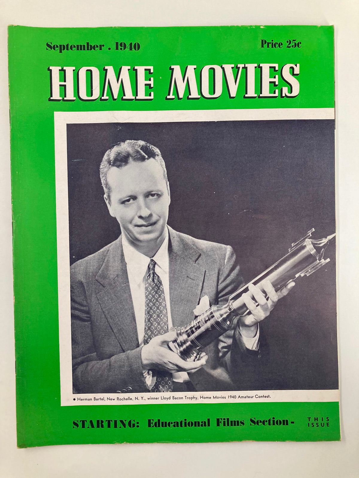 VTG Home Movies Magazine September 1940 featuring winner Herman Bartel holding the Lloyd Bacon Trophy, showcasing vintage home filmmaking culture.