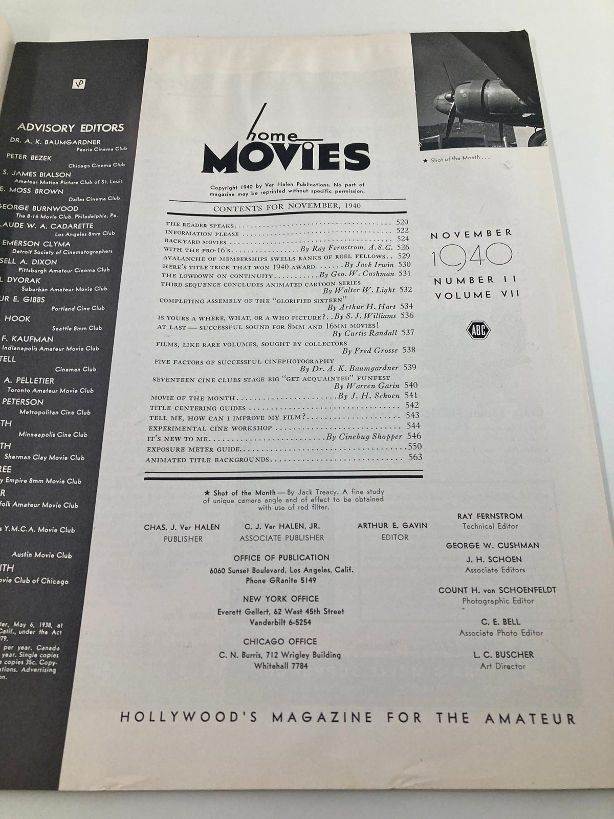 Inside page of VTG Home Movies Magazine November 1940 displaying the table of contents with various articles related to home movie filmmaking and amateur cinematography.