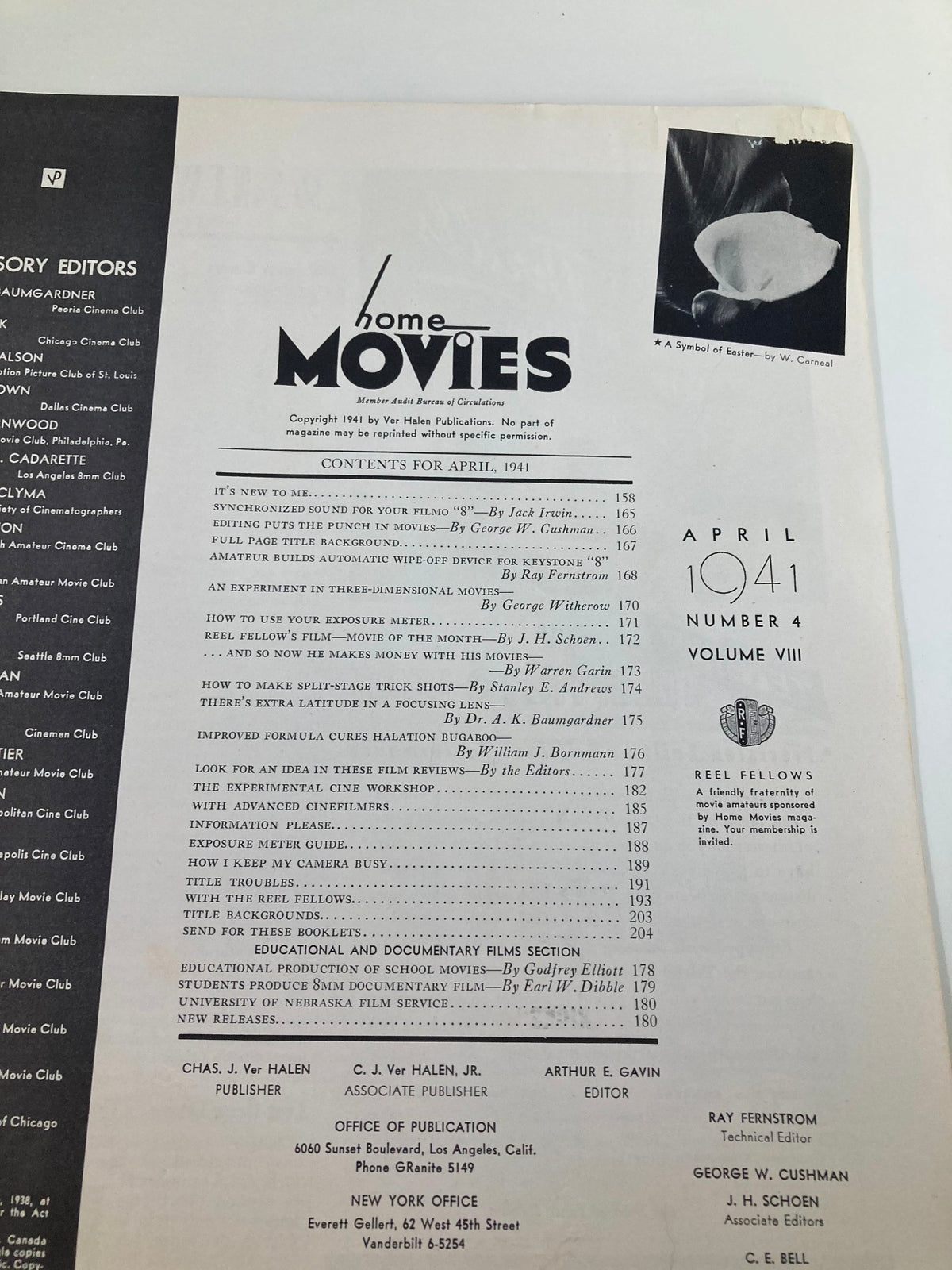 Table of contents from VTG Home Movies Magazine April 1941, detailing articles and features about home movie techniques from the 1940s.