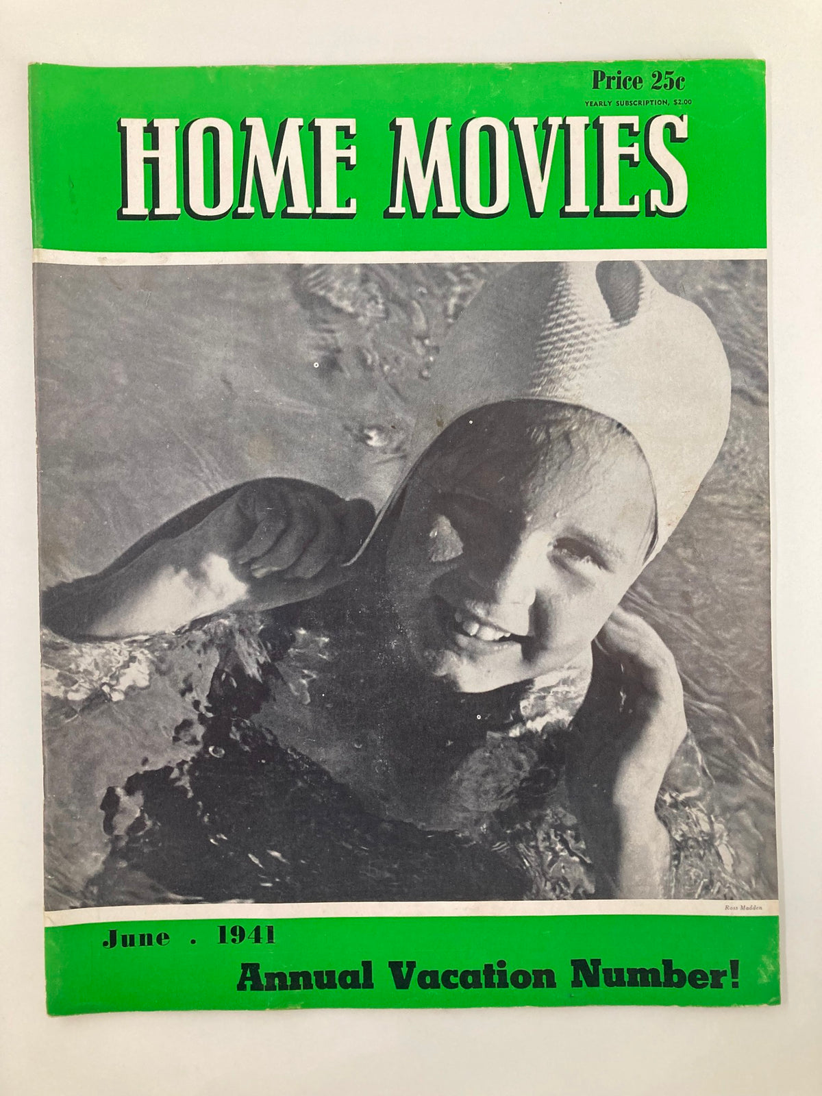 VTG Home Movies Magazine June 1941 cover featuring a smiling child in a swimming cap, showcasing beach culture from the early 1940s.