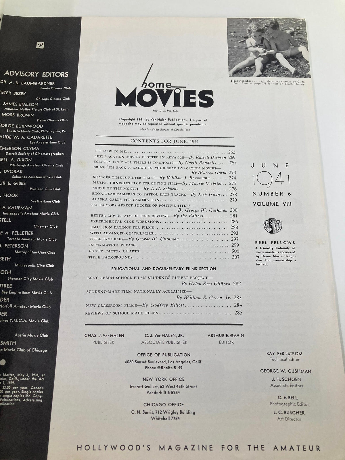 Inside page of VTG Home Movies Magazine June 1941 displaying the table of contents, highlighting articles related to home movies and beachcombing.