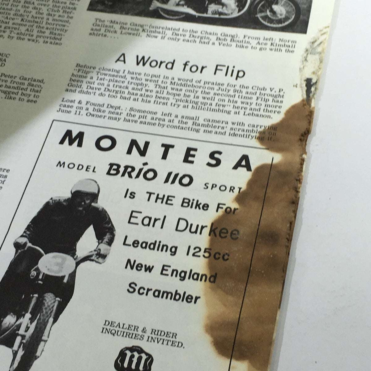Inside page of VTG Cycle Sport Magazine September 1961 displaying an advertisement for the Montesa Brio 110 Sport along with details about racer Earl Durkee, capturing vintage cycling promotional content.