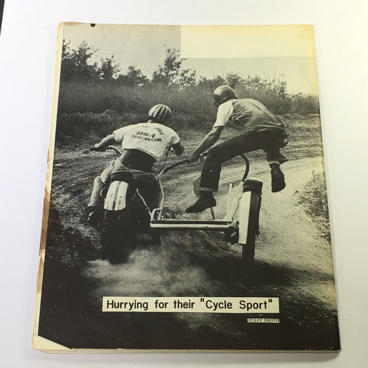 Cover image of the Cycle Sport Magazine September 1961 featuring two riders hurrying on a motorcycle sidecar, capturing the adventurous spirit of cycling during the 1960s, tied to the legacy of racers Skip vanLeeuwen and Don Spargur.