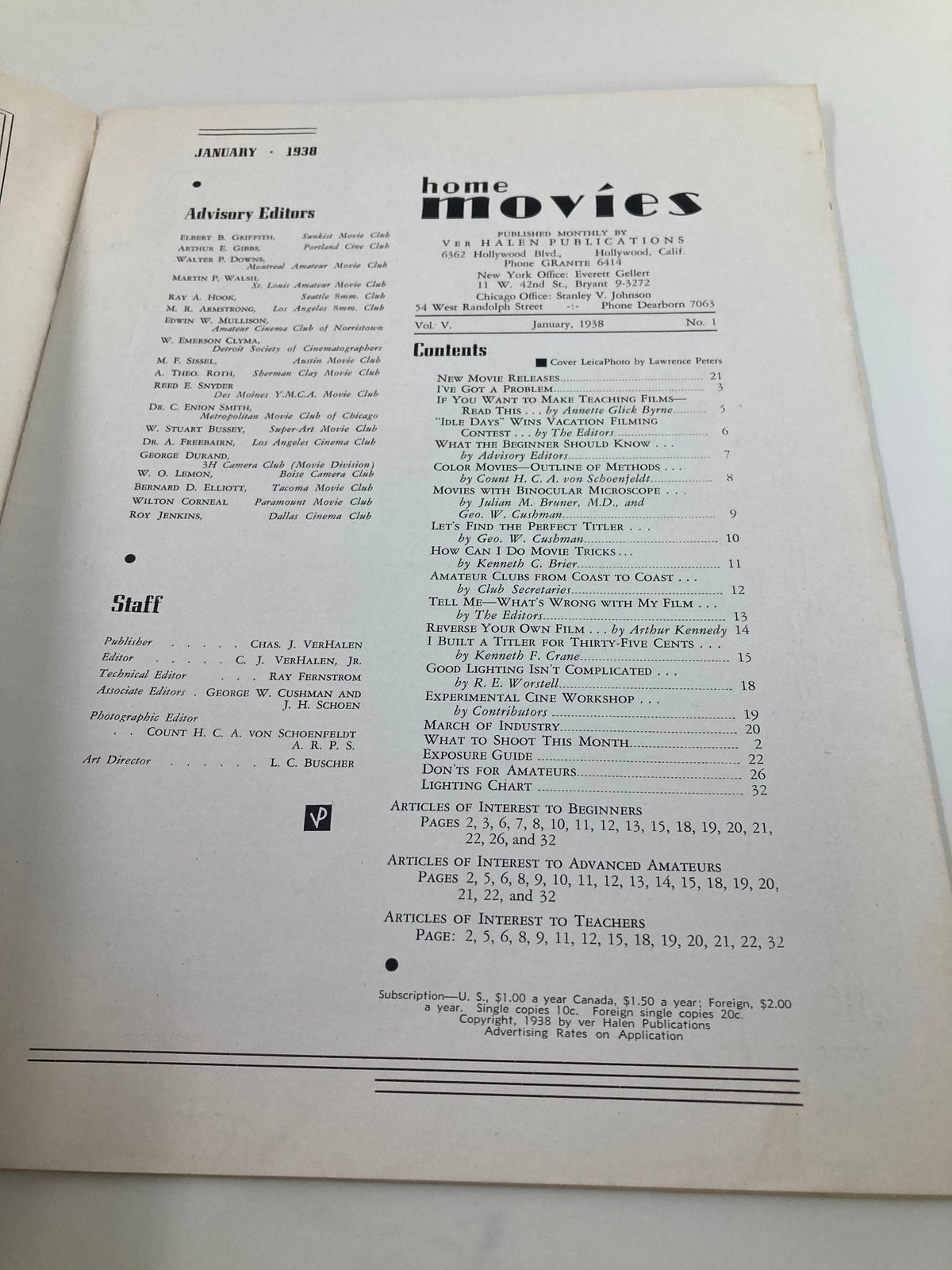 Layout page from VTG Home Movies Magazine January 1938 featuring advisory editors, contents, and advertising information related to home filmmaking.