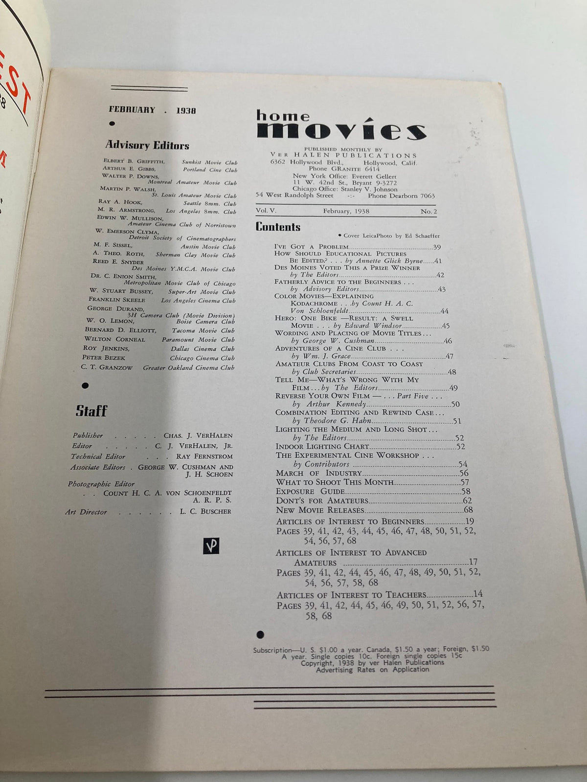 Inside page of VTG Home Movies Magazine February 1938 displaying the contents and editorial credits, relevant for vintage magazine enthusiasts.
