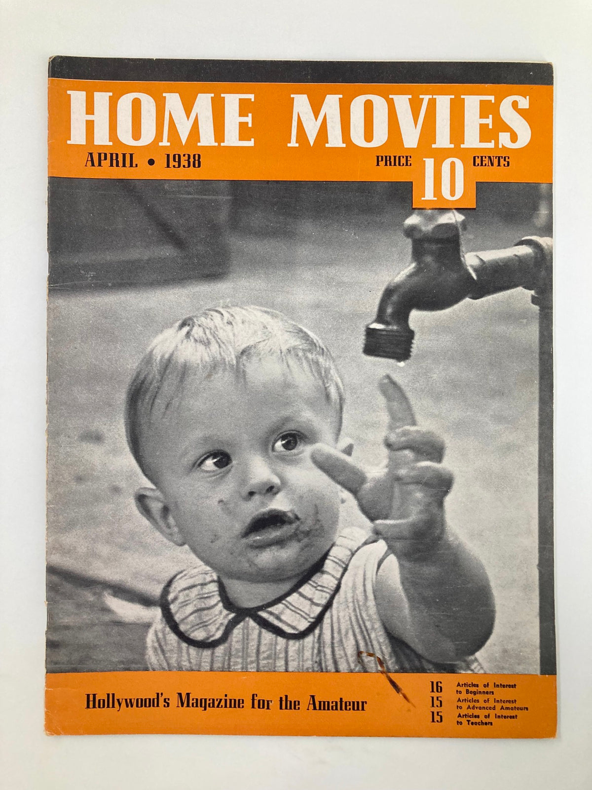 Cover of VTG Home Movies Magazine April 1938 showcasing a young child with a curious expression, featuring the title 'Home Movies' and the price '10 cents' prominently in orange text.