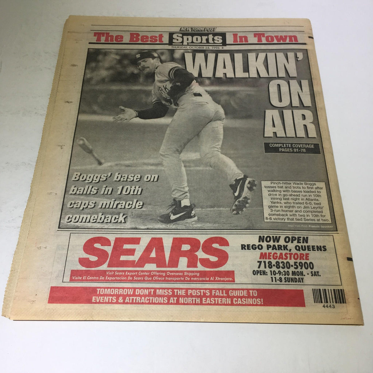 New York Post: Oct 24 1996 Incredible! newspaper cover featuring Wade Boggs, highlighting a memorable baseball moment with the caption 'Walkin' On Air'. This vintage issue captures the excitement of a pivotal game in the World Series.