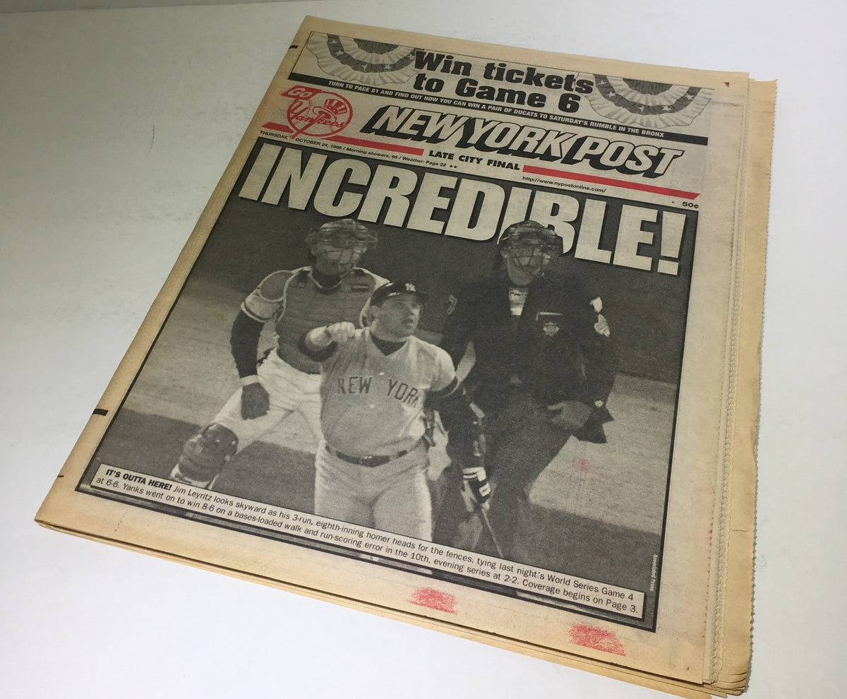 New York Post: Oct 24 1996 Incredible! cover showcasing a dramatic moment in baseball with Jim Leyritz celebrating his home run. This vintage newspaper reflects significant sports history from October 1996.