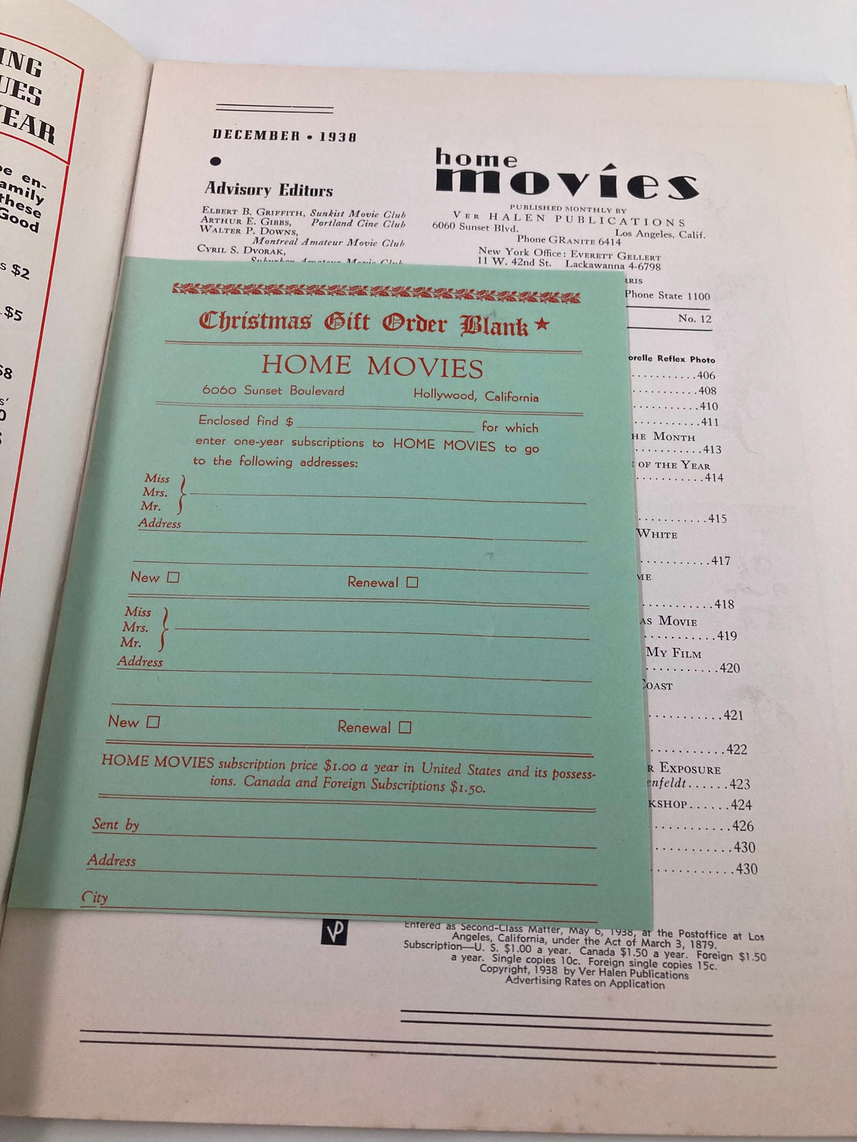 VTG Home Movies Magazine December 1938 featuring Christmas Gift Order Blank for subscriptions, highlighting the era's unique offers.
