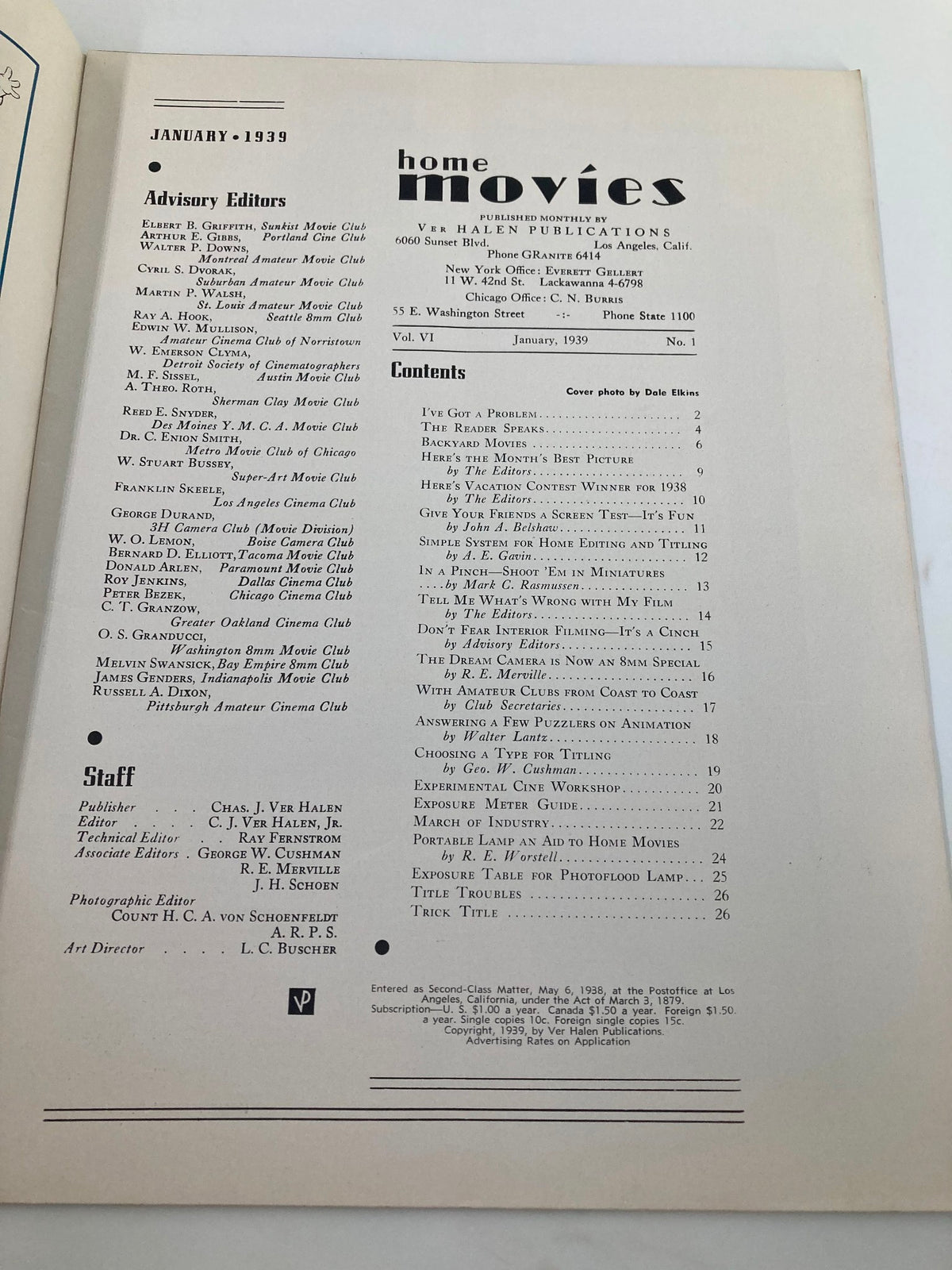Inside page of VTG Home Movies Magazine January 1939 displaying advisory editors and contents, providing insights into amateur filmmaking and photography techniques from the late 1930s.