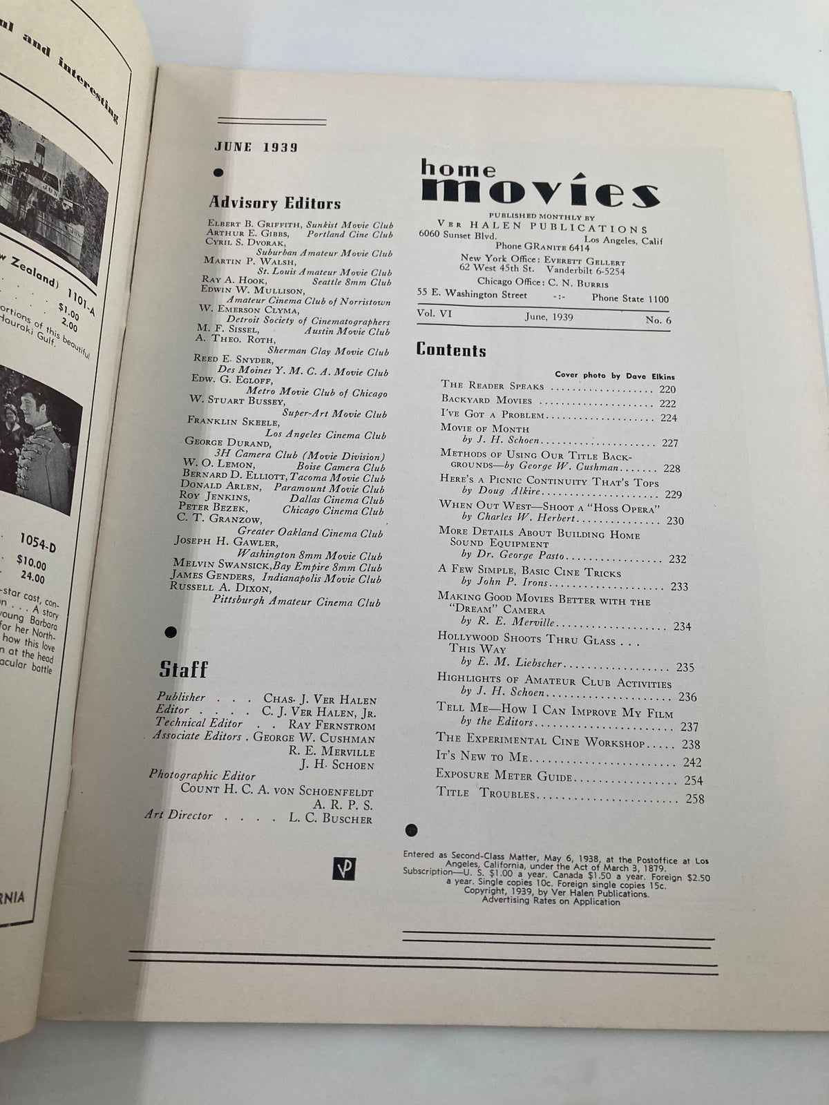 Inside page of the VTG Home Movies Magazine June 1939 displaying the table of contents with details on articles and contributors related to amateur film-making.
