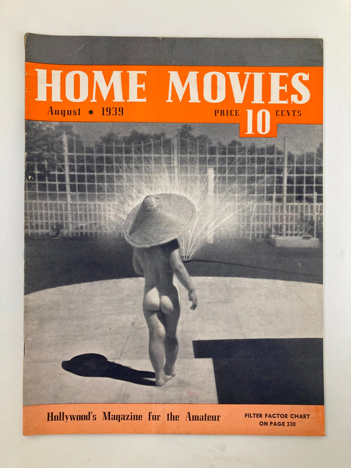 Cover of VTG Home Movies Magazine August 1939 featuring a child playing near a fountain, showcasing the title in bold text and the magazine's price.