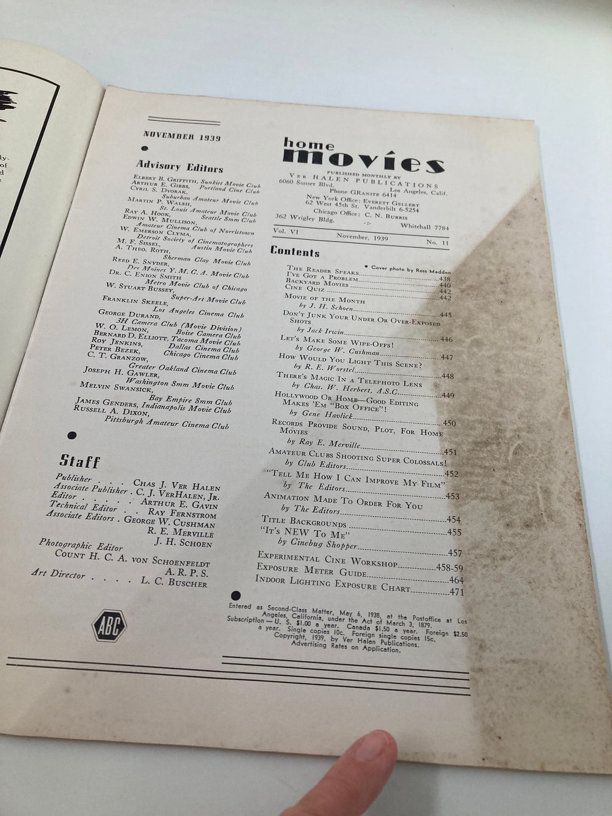 Interior page of VTG Home Movies Magazine November 1939 showcasing the advisory editors and table of contents. Highlights include articles and tips on filmmaking and home movies.