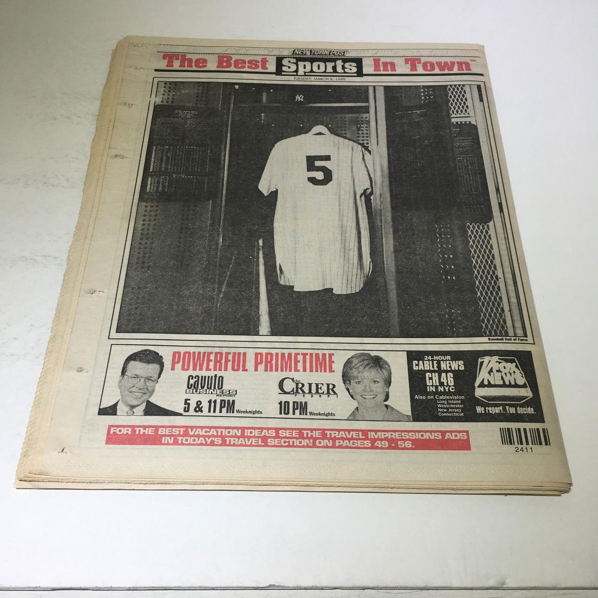 Another New York Post sports cover with a focus on a Yankees jersey, dated March 9, 1999, related to Joe DiMaggio.
