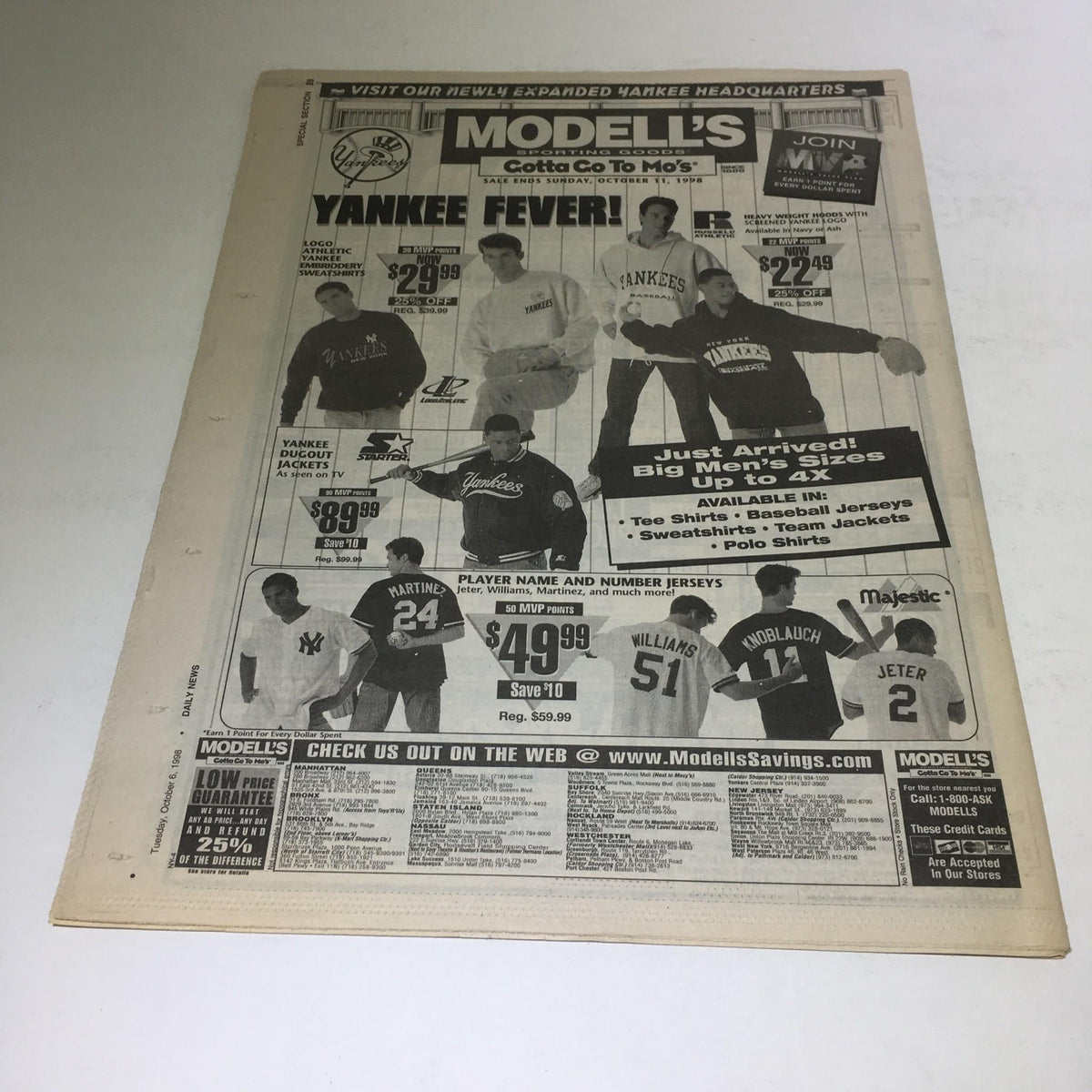 Advertisement from NY Daily News: Oct 6 1998 PlayOff Special promoting Yankees merchandise, depicting various sports apparel available at Modell's.