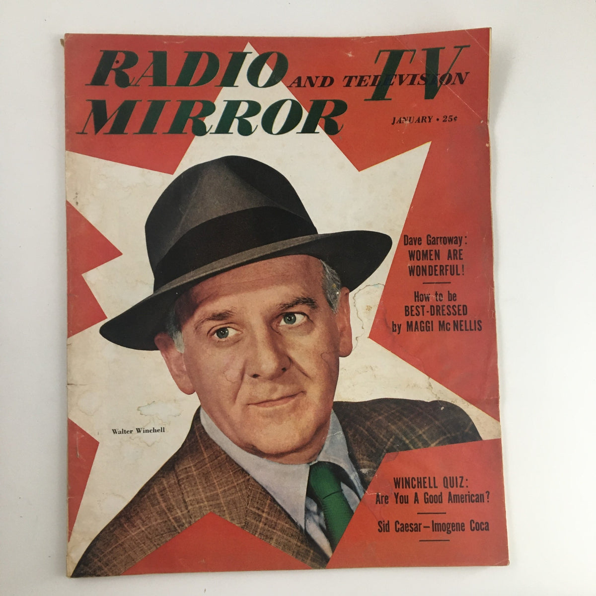 Cover of Radio TV Mirror Magazine January 1951 featuring a portrait of Walter Winchell in a hat, showcasing vintage design elements and advertising.