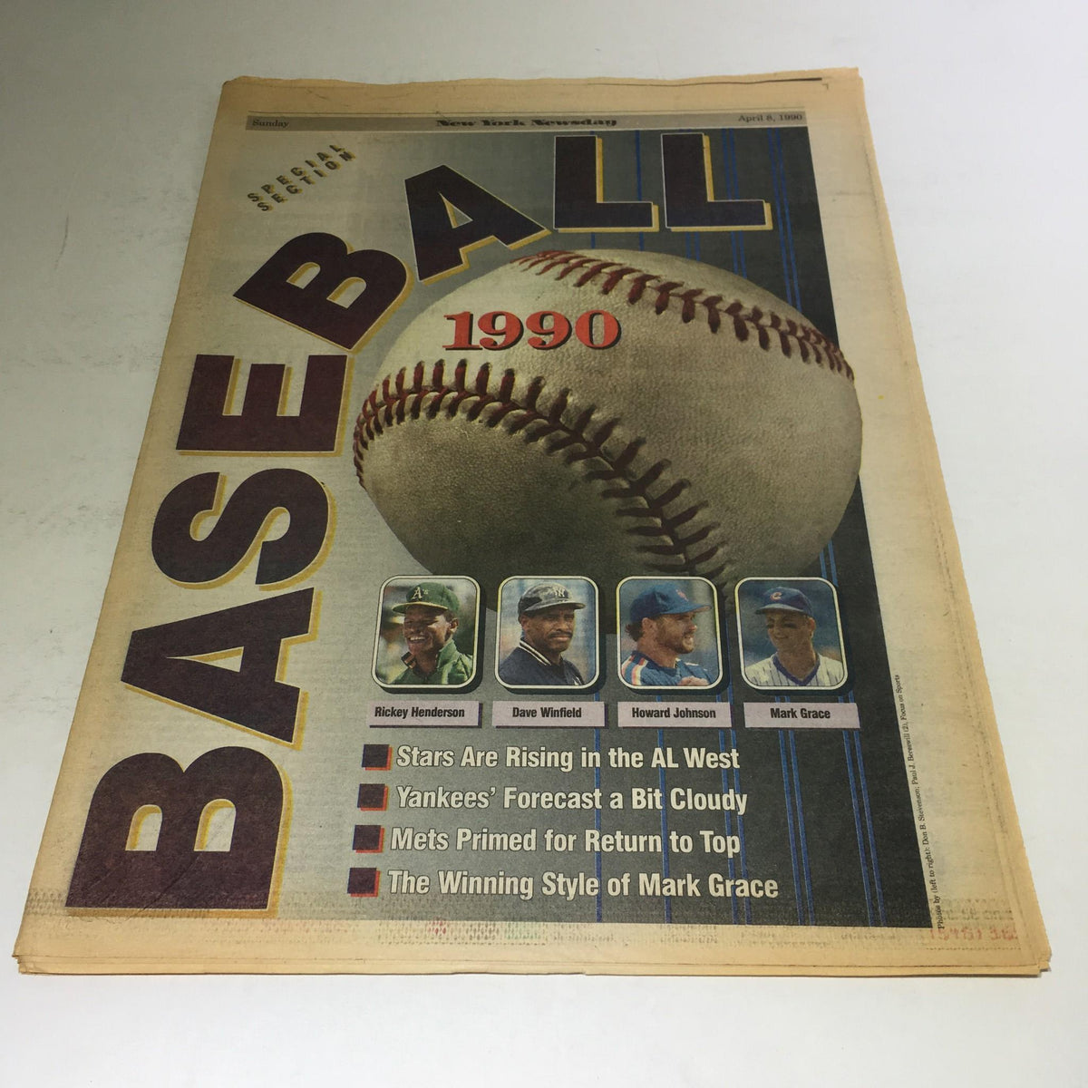 Newsday: April 8 1990 Baseball 1990 Special Section featuring a baseball and headlines about MLB teams.