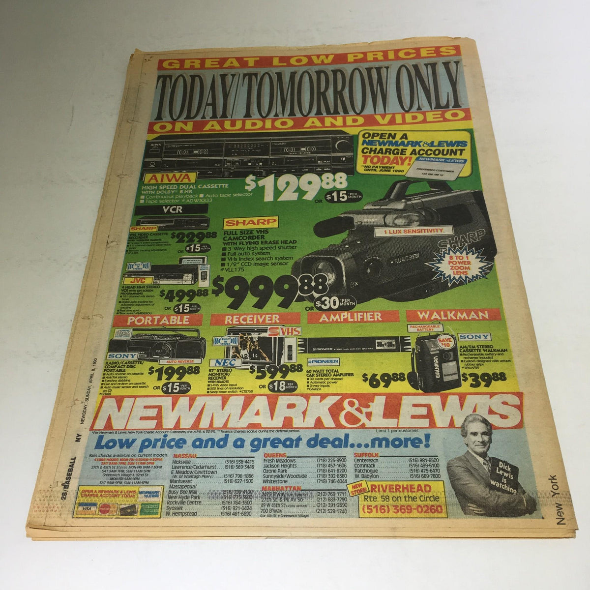 Advertisement page from the Newsday: April 8 1990 Baseball 1990 Special Section showcasing audio and video products.