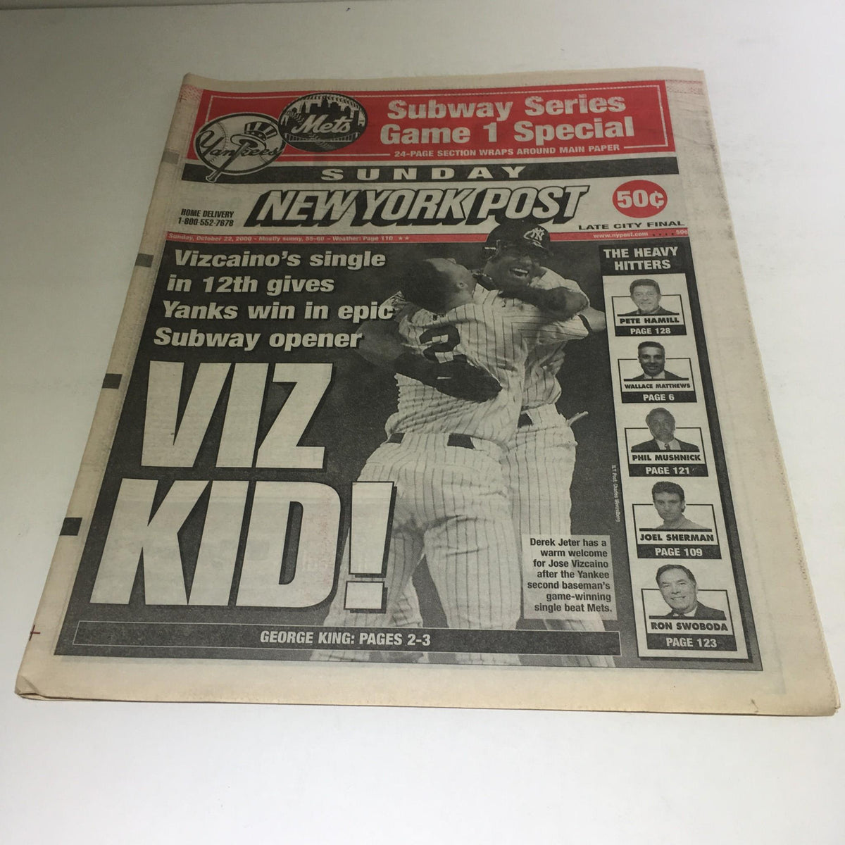 NY Post: 10/22/2000 Vizcaino's Single In 12th Excellent - Front page of the New York Post featuring a headline about a Yankees game, with a prominent image of players celebrating.
