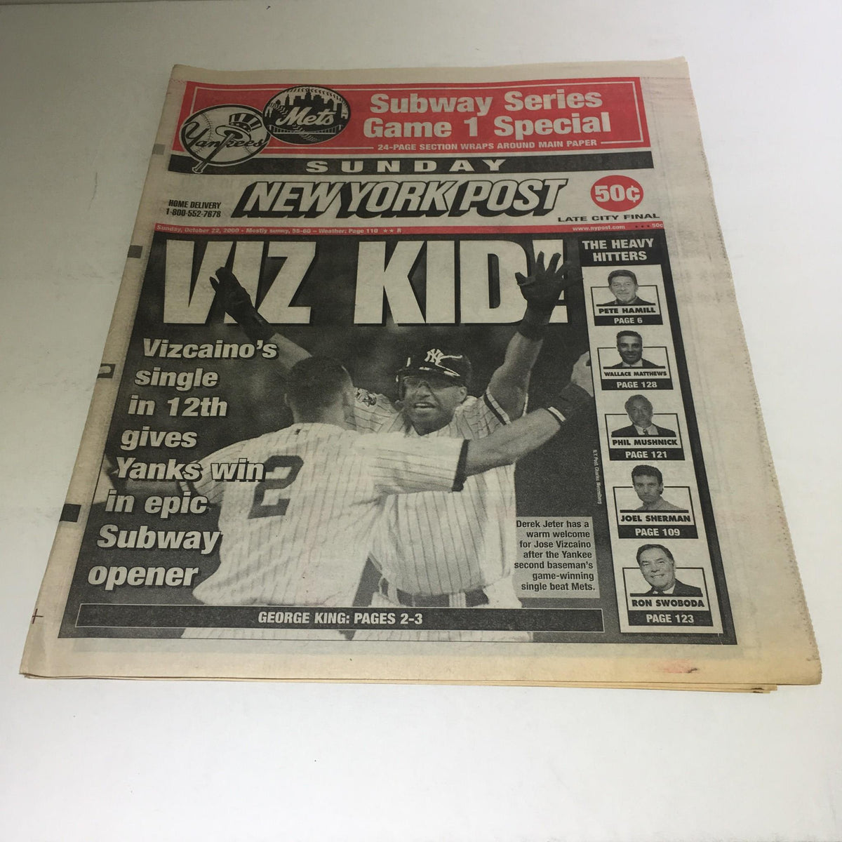 Vintage NY Post newspaper from October 22, 2000, featuring the title 'NY Post: Oct 22 2000 Viz Kid!' with an image of baseball players celebrating a win. The newspaper highlights the Yankees' victory and the significance of their subway opener.