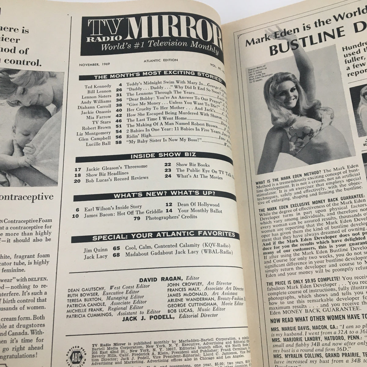 Inside page of the TV Radio Mirror November 1969 edition, highlighting features like Teddy's Midnight Swim with Mary Jo. This page includes the table of contents and shows the magazine's layout, representing the popular television culture of the era.