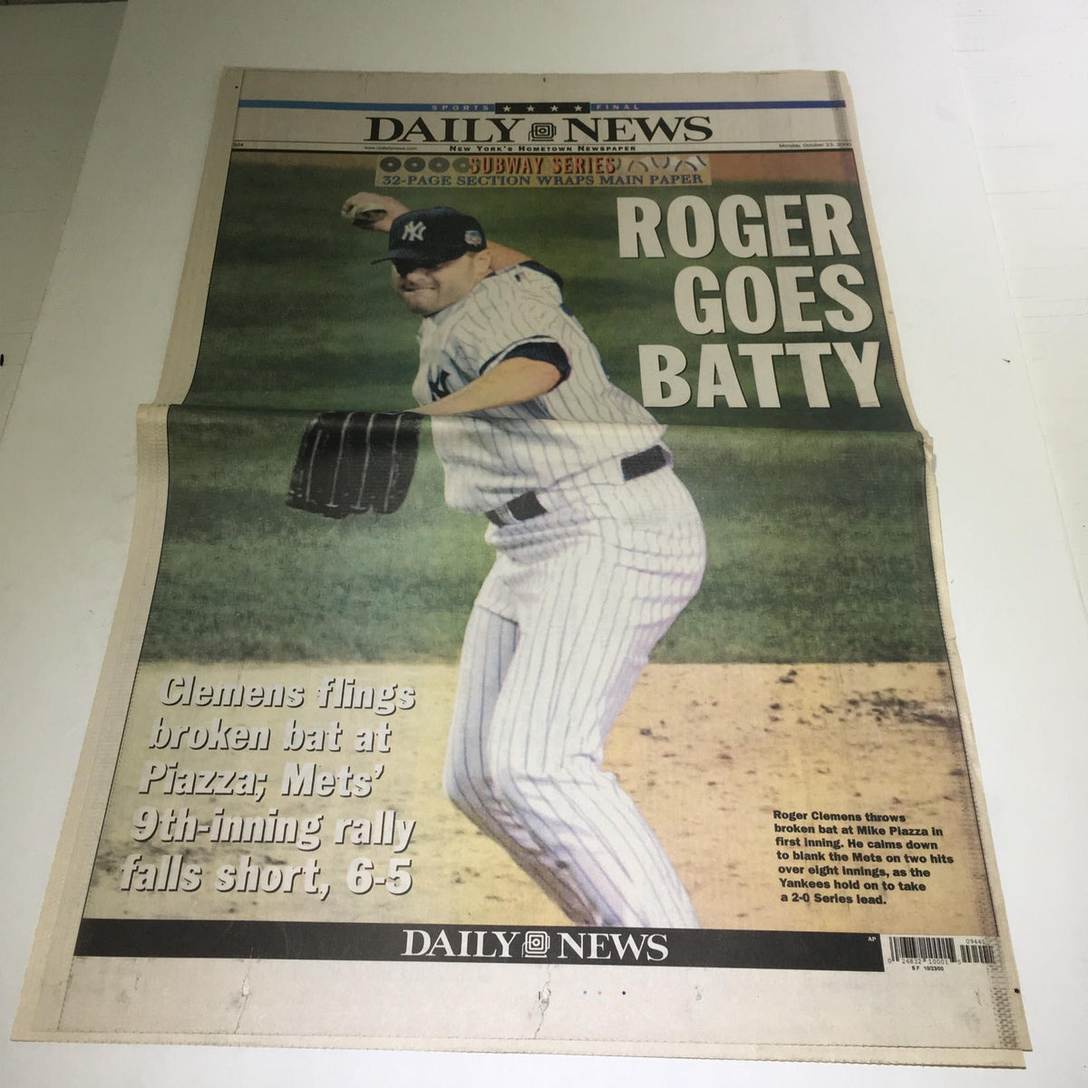 Front page of the NY Daily News from October 23, 2000, titled 'Roger Goes Batty,' featuring Roger Clemens in a Yankees uniform, showcasing an intense moment from the Subway Series.