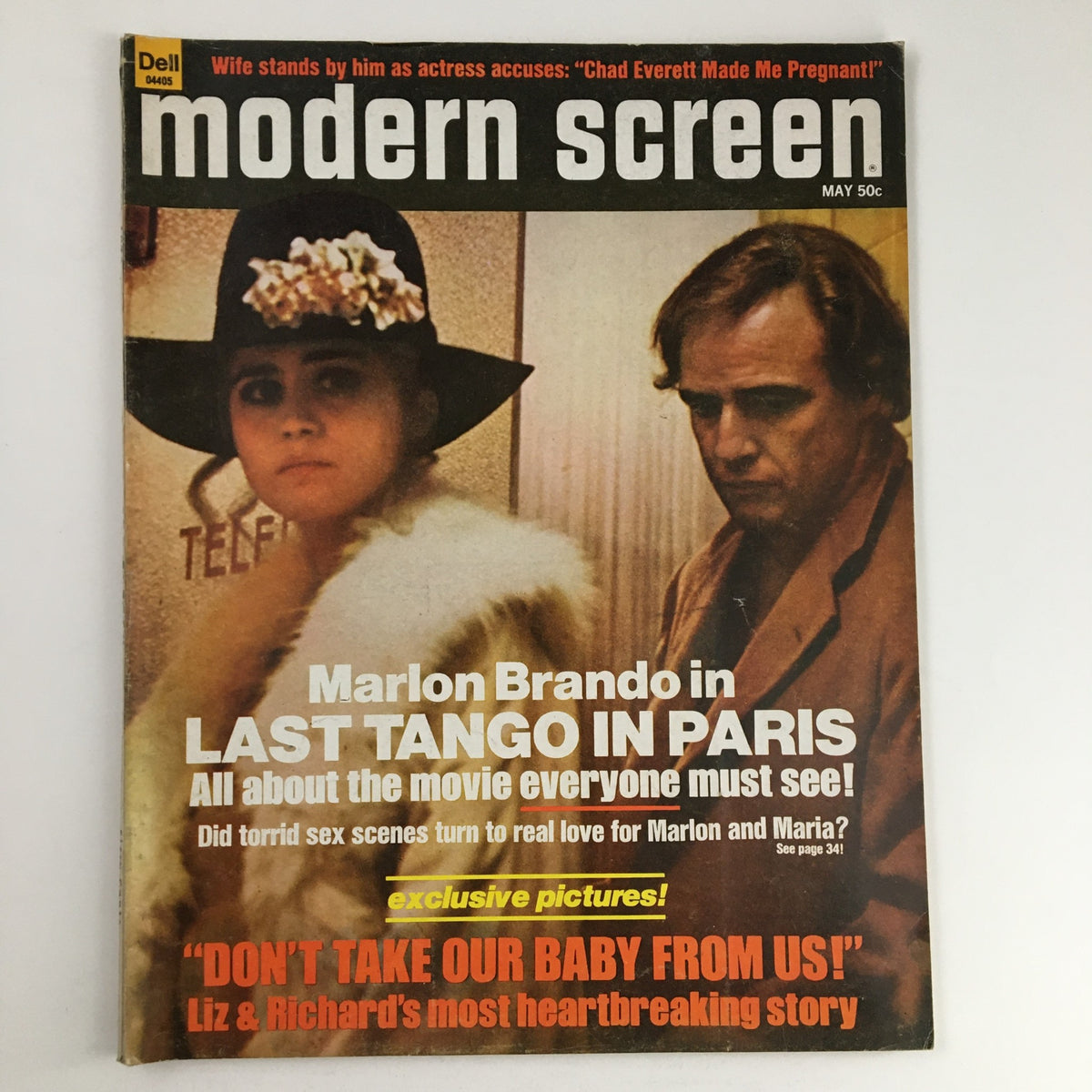 Cover of Modern Screen Magazine, May 1973, featuring Marlon Brando in Last Tango in Paris, highlighting his performance with a prominent title and images.