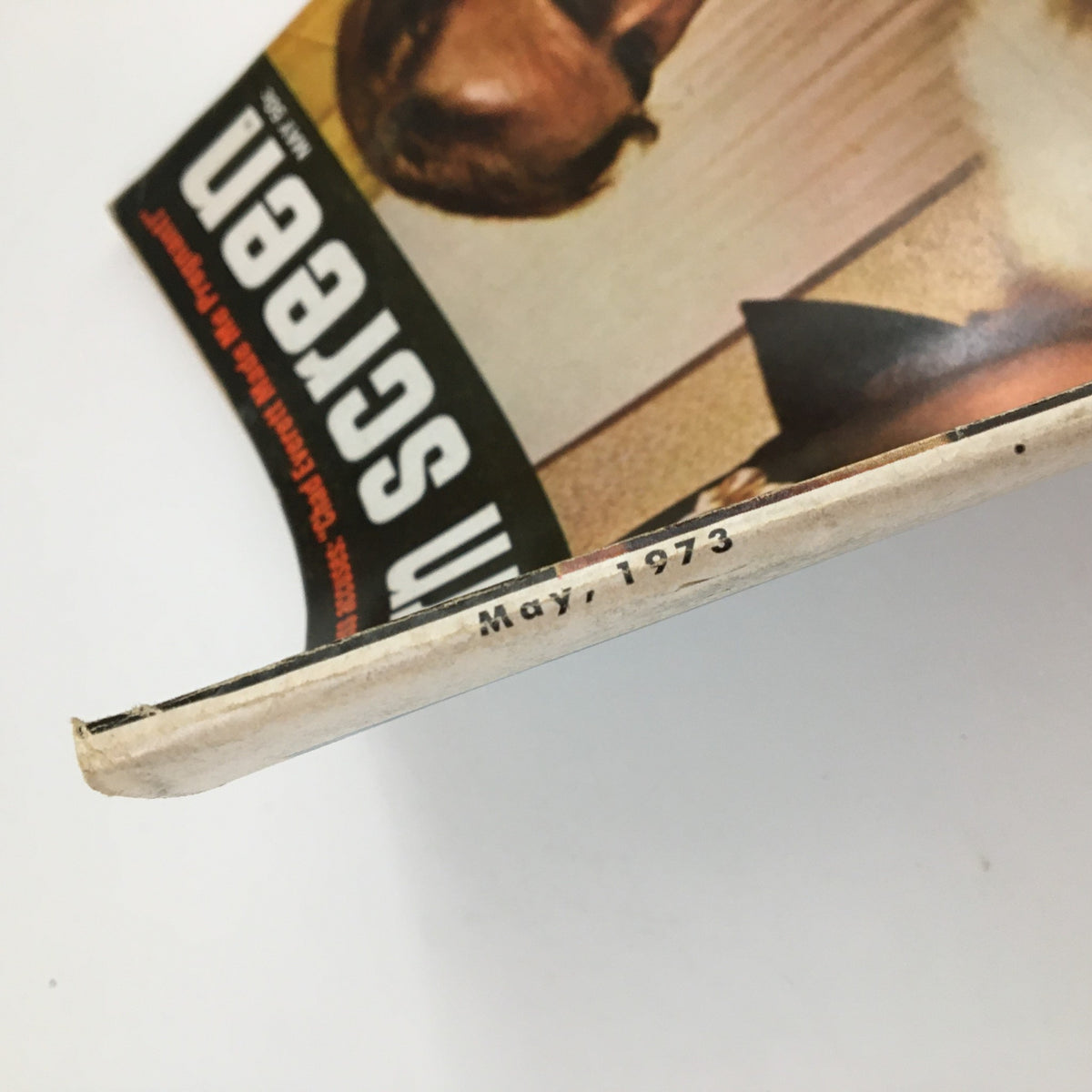 Side view of Modern Screen Magazine, May 1973, showcasing the publication date, indicating it is an original issue with vintage appeal.