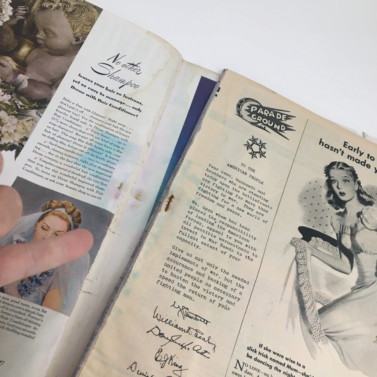 Inside pages of Movie Stars Parade Magazine from June 1945 showcasing advertisements and articles with vintage graphics.