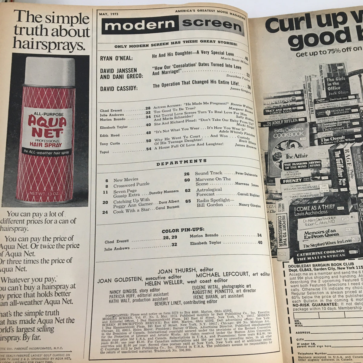 Interior page of Modern Screen Magazine, May 1973, including stories and features, with a spotlight on Marlon Brando, providing insights into the magazine's content.