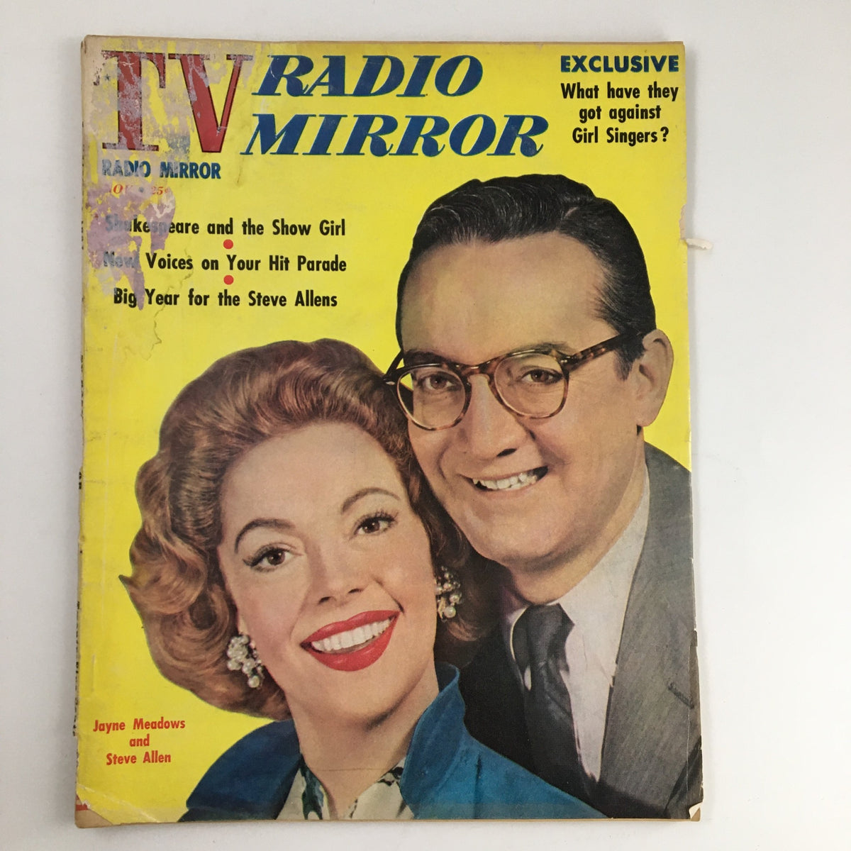 Cover of TV Radio Mirror Magazine November 1957 featuring Jayne Meadows and Steve Allen. The magazine displays vibrant colors and bold headlines about television shows of the 1950s.