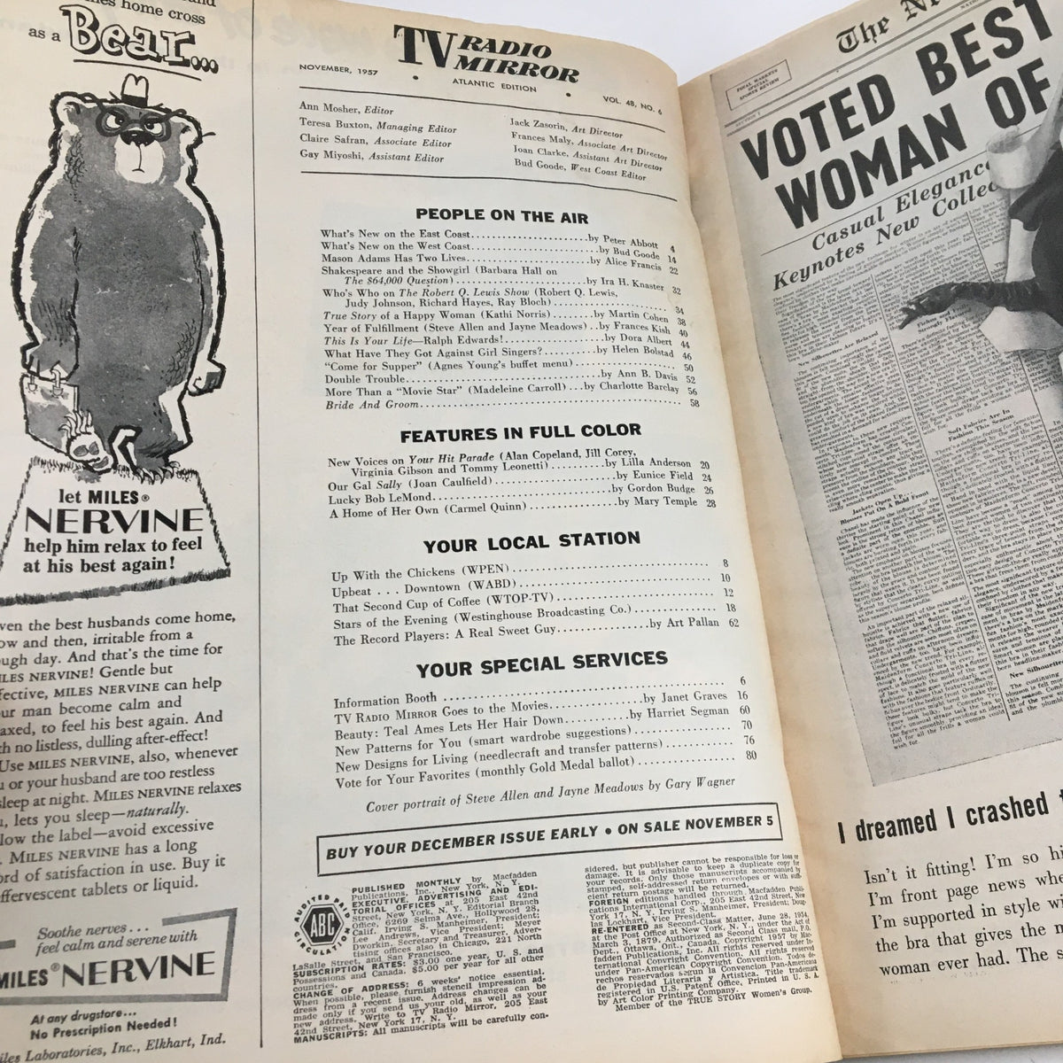 Inside page of the TV Radio Mirror Magazine November 1957, featuring a table of contents and advertisements from the 1950s, showcasing popular culture and television of the time.