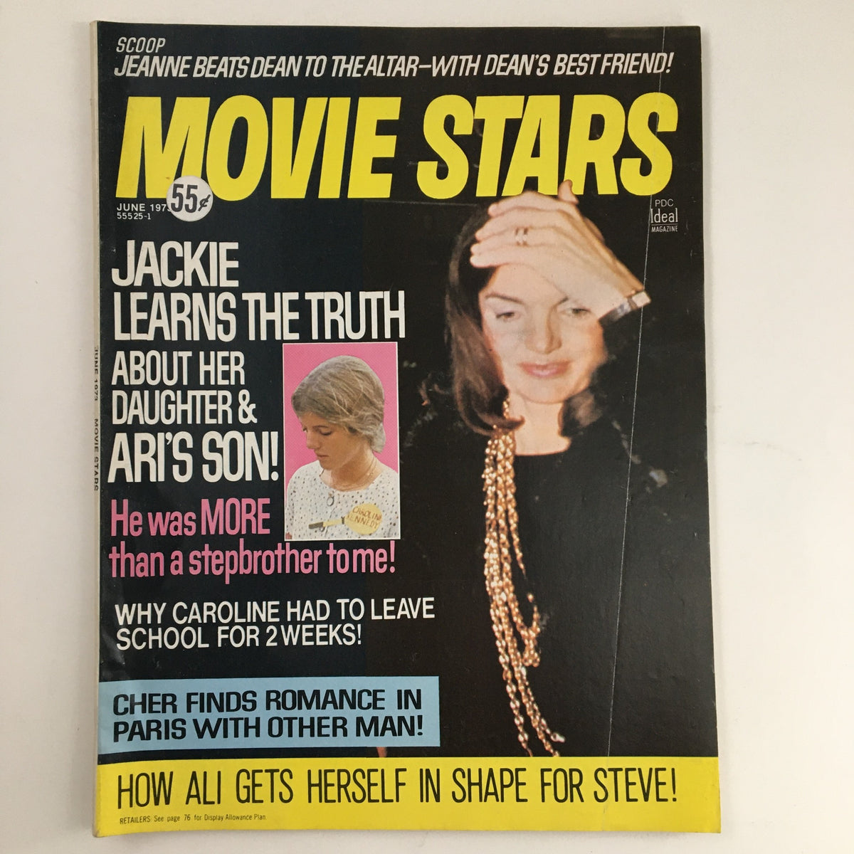 Cover of Movie Stars Magazine June 1973 featuring Jackie Onassis, highlighting celebrity stories from the 1970s.