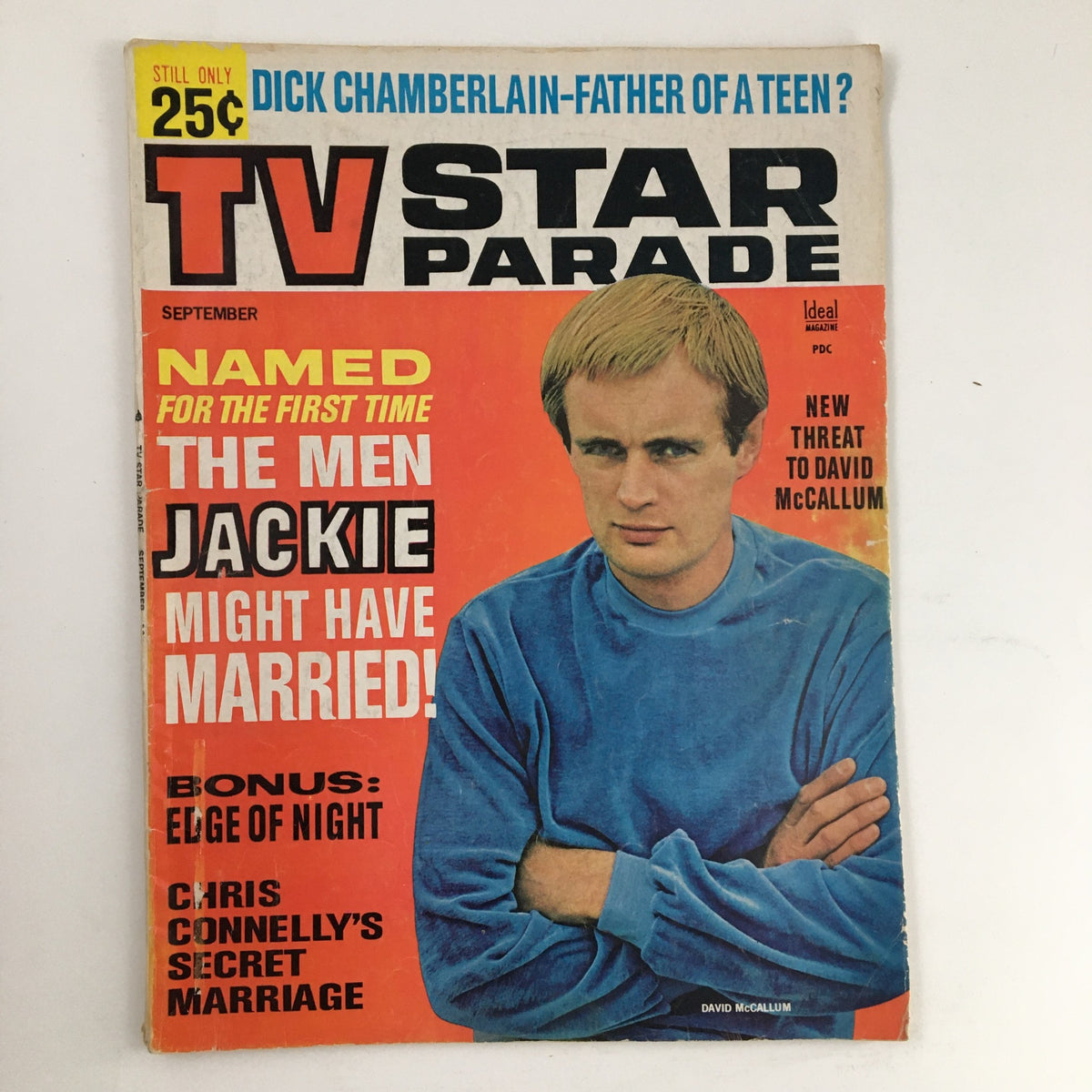 Cover image of the TV Star Parade Magazine September 1965 featuring David McCallum and headlines about Jackie Onassis. The magazine promises details about 'the men Jackie might have married' and highlights its notable articles.