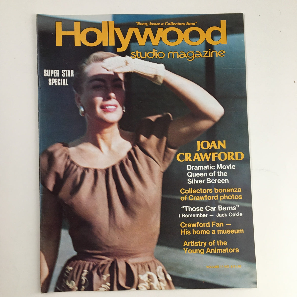 Cover of Hollywood Studio Magazine August 1977 featuring Joan Crawford, the dramatic movie queen of the silver screen, celebrating classic Hollywood glamour.