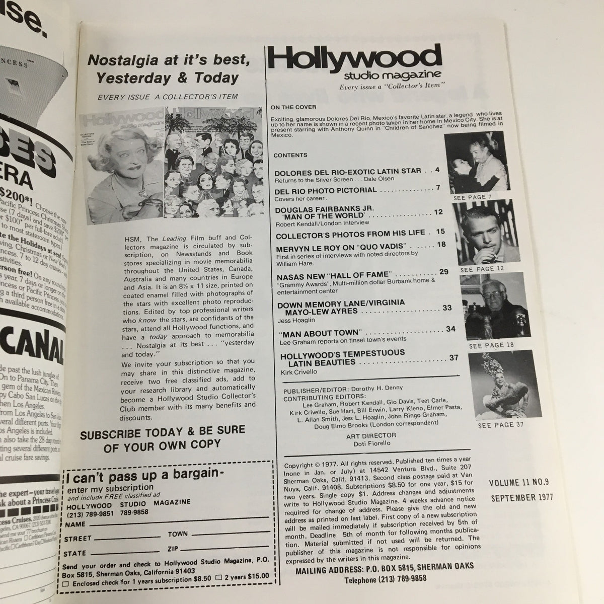 Interior page of Hollywood Studio Magazine September 1977, featuring a table of contents and promotional content, emphasizing its role as a collector's item in film history.