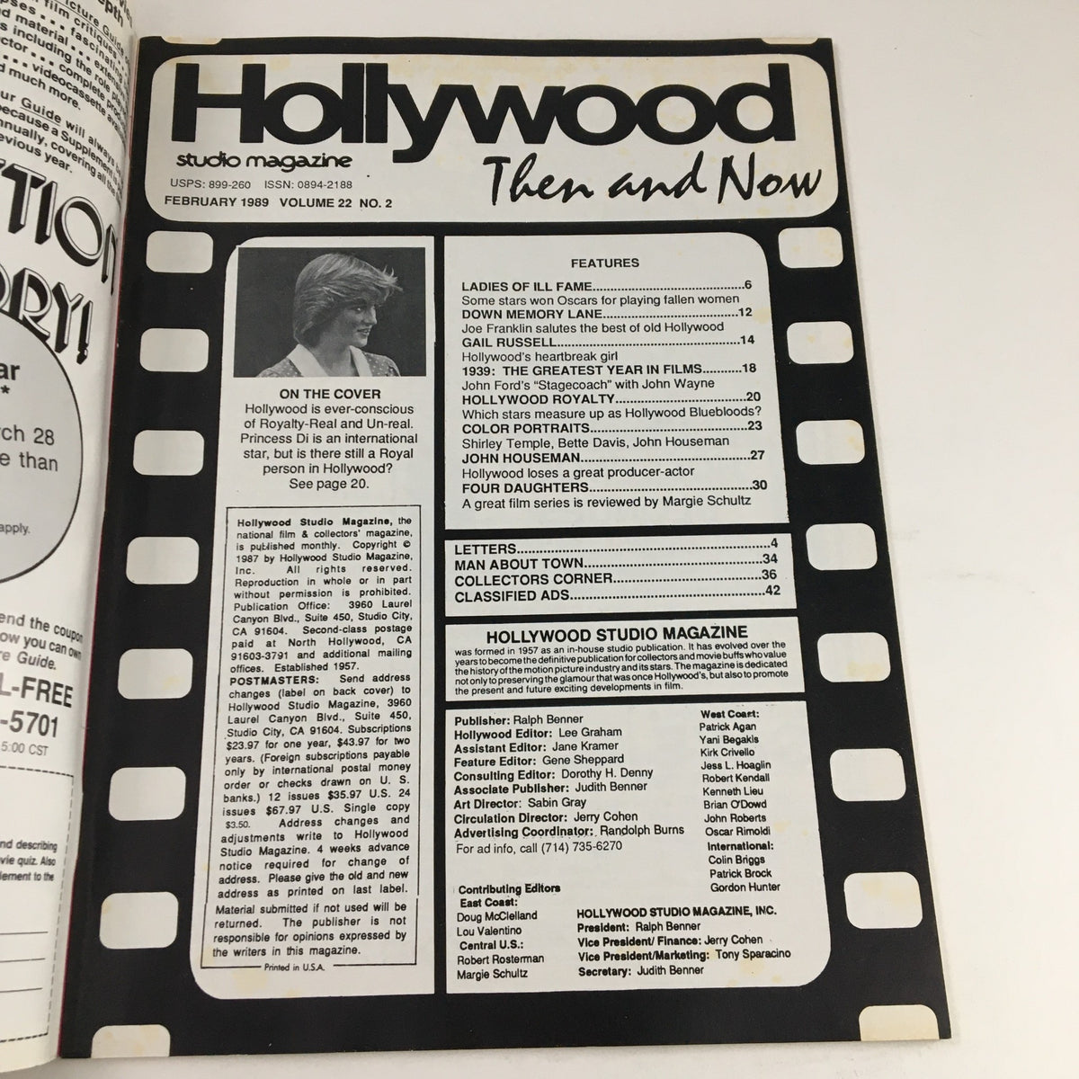 Inside page of Hollywood Studio Magazine February 1989 detailing features and articles, including a reference to Princess Diana on the cover.