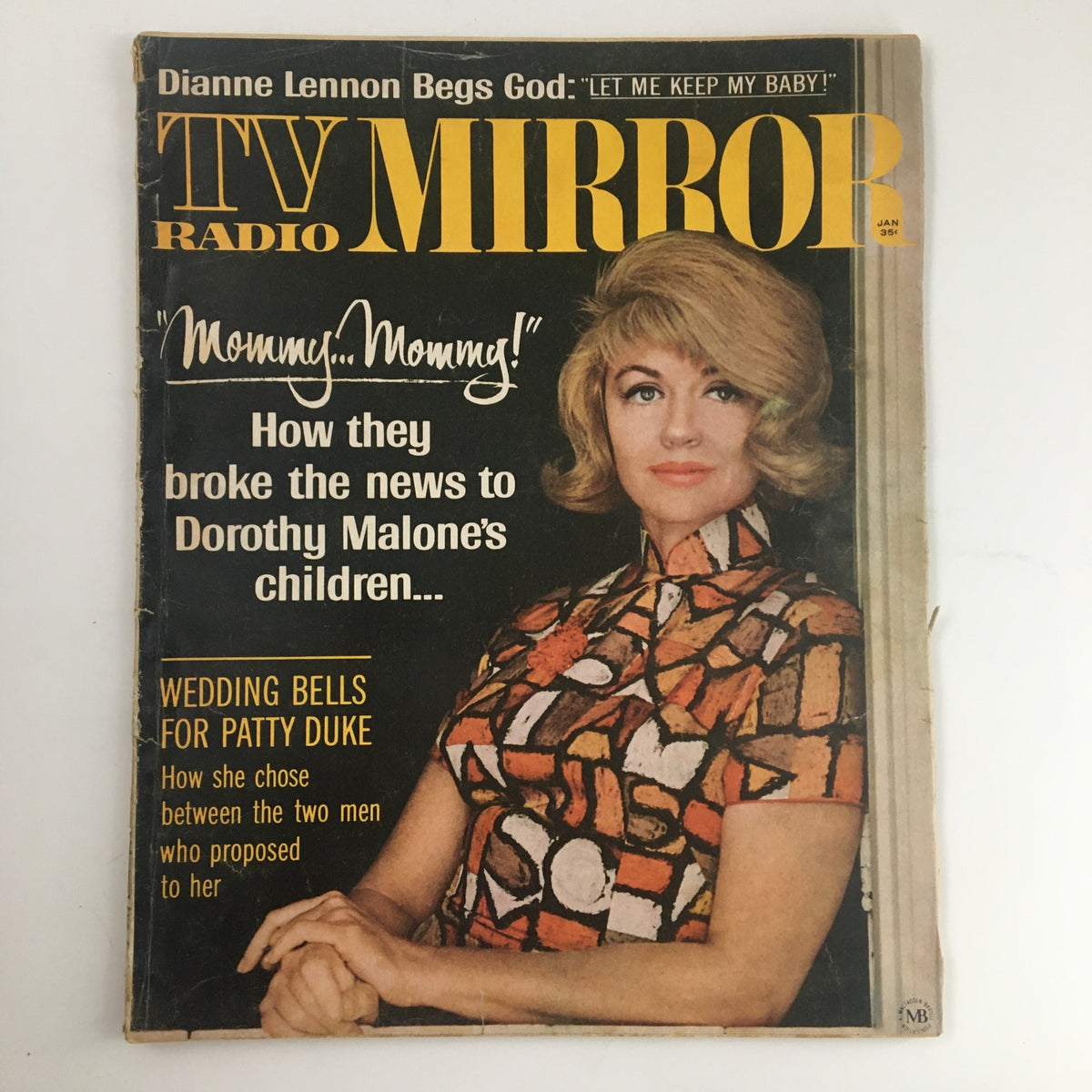 TV Radio Mirror magazine cover from January 1966 featuring Dorothy Malone and Patty Duke with headlines about their personal stories and a vibrant 1960s art-inspired design.