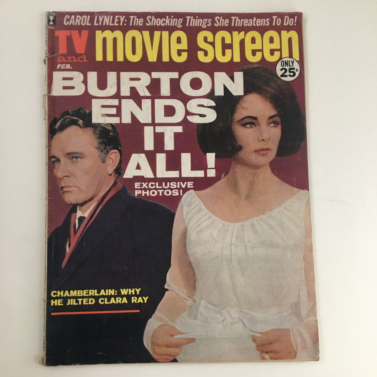 Cover of TV and Movie Screen Magazine February 1964 featuring Liz Taylor and Richard Burton with the headline 'Burton Ends It All!' and details of exclusive photos.