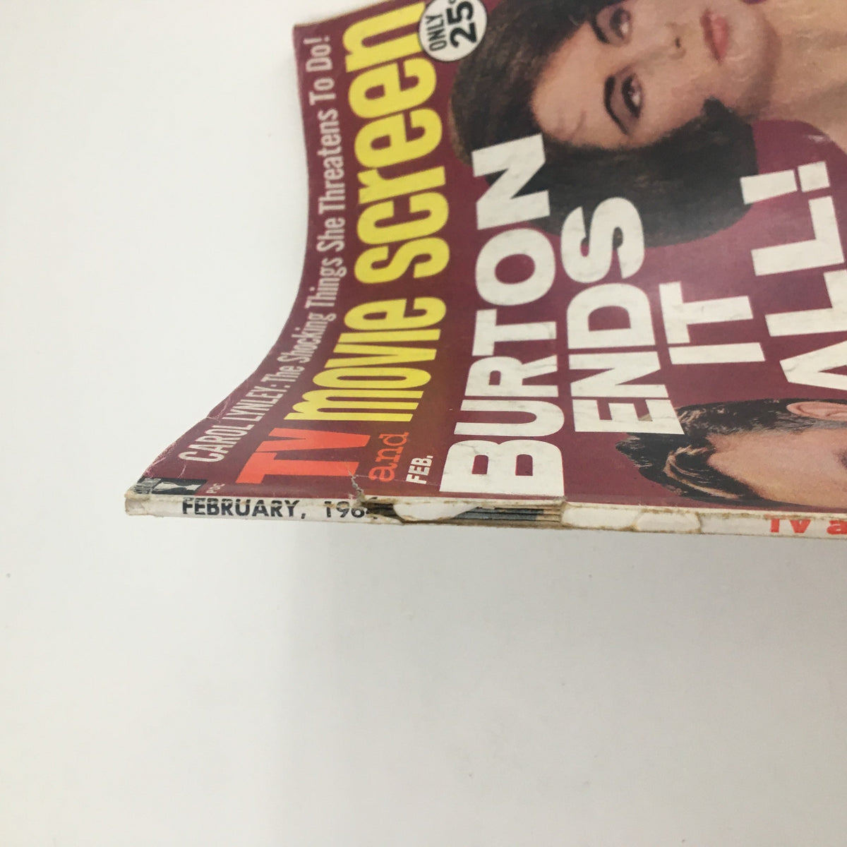 Side view of TV and Movie Screen Magazine February 1964 showing the issue date and prominent title featuring Liz Taylor and Richard Burton.