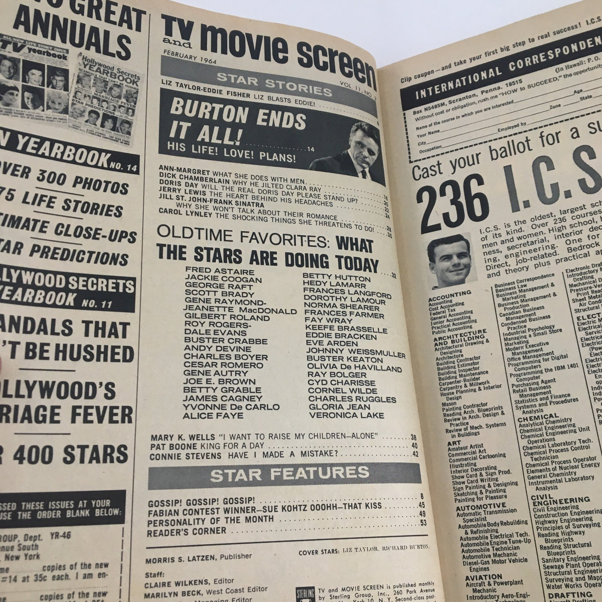 Inside pages of TV and Movie Screen Magazine February 1964 showcasing articles and features including 'Burton Ends It All!' and cast photos.