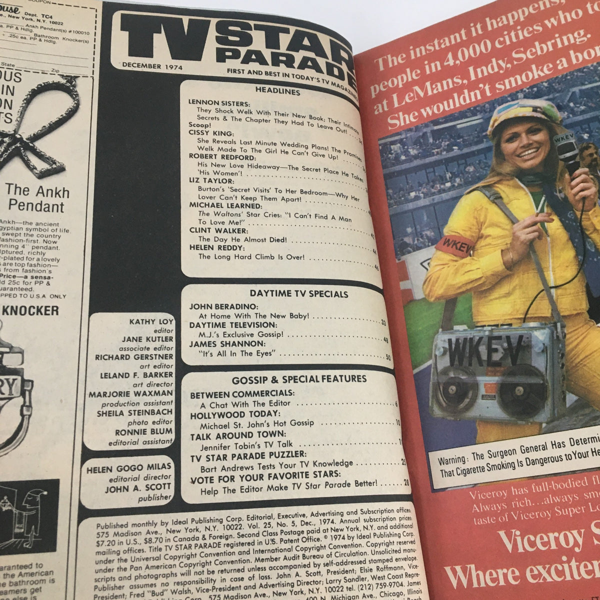 Inside pages of TV Star Parade Magazine December 1974 showcasing articles and features about Elizabeth Taylor and Robert Redford with various TV highlights.