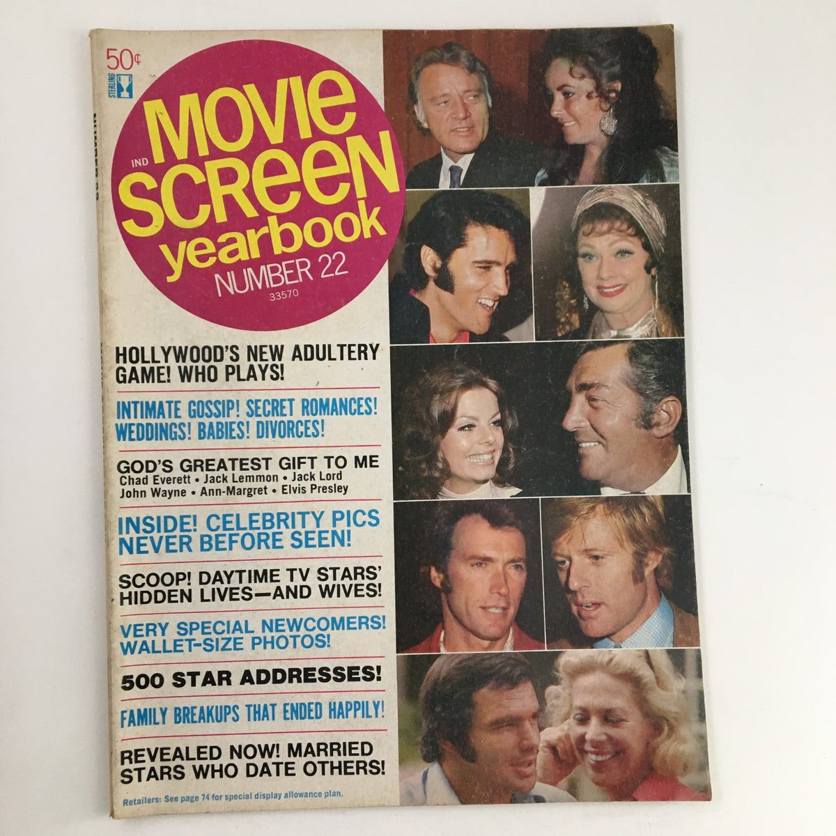 Cover of Movie Screen Yearbook 1973 No. 22 featuring Elizabeth Taylor and Richard Burton, showcasing articles on Hollywood gossip, celebrity photos, and memorable film history.