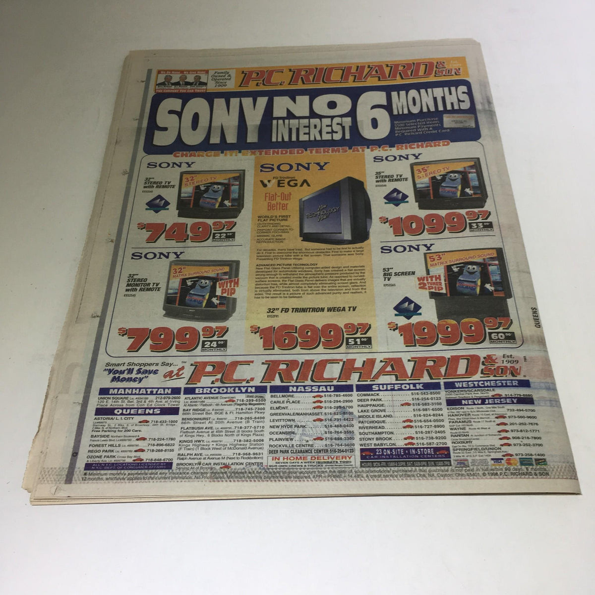 P.C. Richard & Son advertisement with Sony products on display, featured in a vintage newspaper from October 1998.