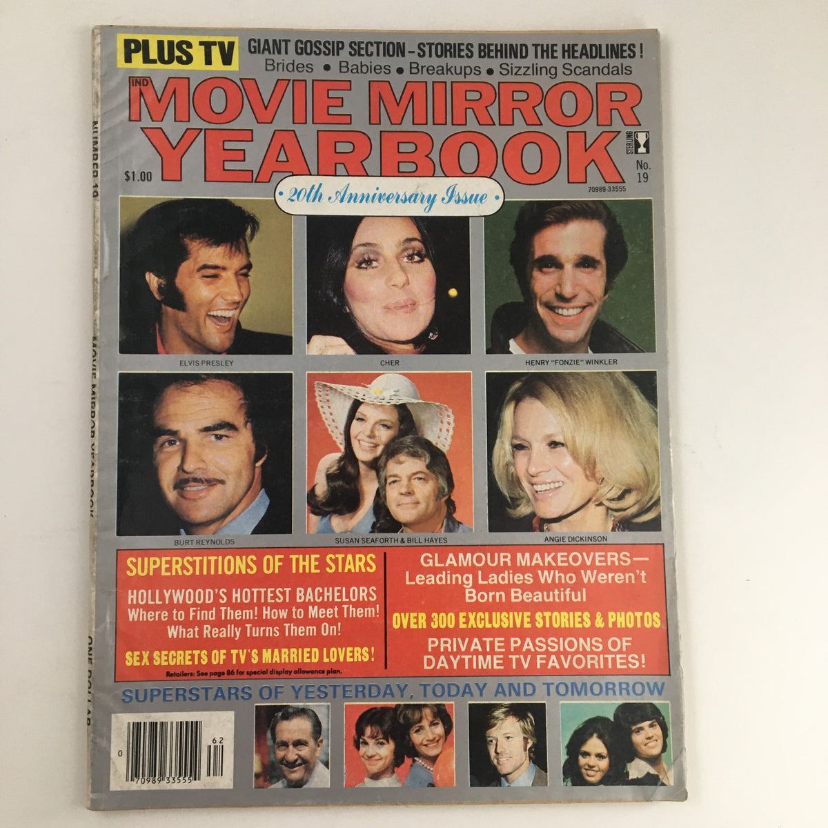 Cover of Movie Mirror Yearbook 1976 No. 19 featuring Elvis Presley, Cher, Burt Reynolds, and other stars, celebrating the 20th anniversary of the magazine.