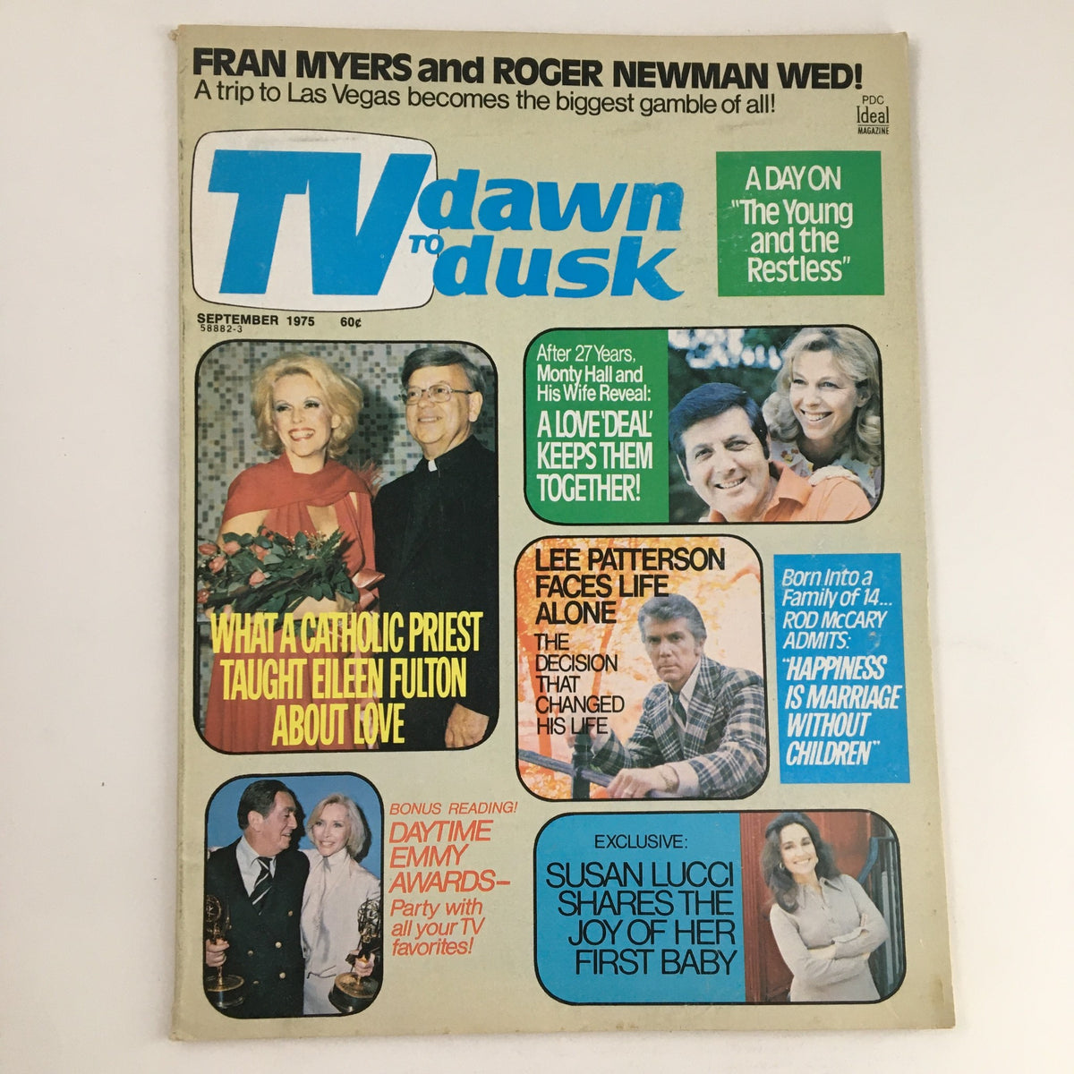 Cover of the TV Dawn to Dusk Magazine, September 1975 edition featuring Lee Patterson in the main article titled 'Faces Life Alone'. The magazine includes vibrant headlines about other celebrity stories such as 'What a Catholic Priest Taught Eileen Fulton About Love' and an exclusive on Susan Lucci, highlighting the television landscape of the mid-1970s.